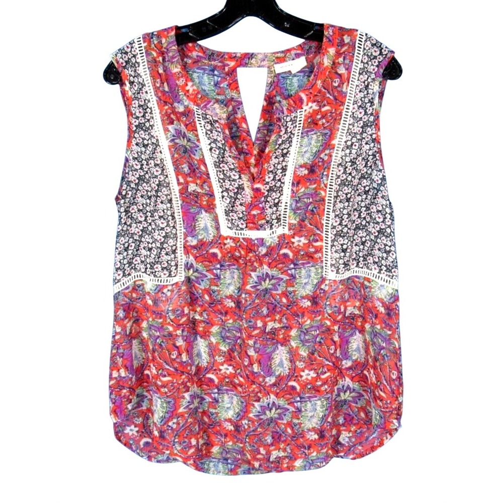 Anthropologie MEADOW RUE Red FLORAL Chiffon V-NECK Lace Inset TANK TOP Sz M
